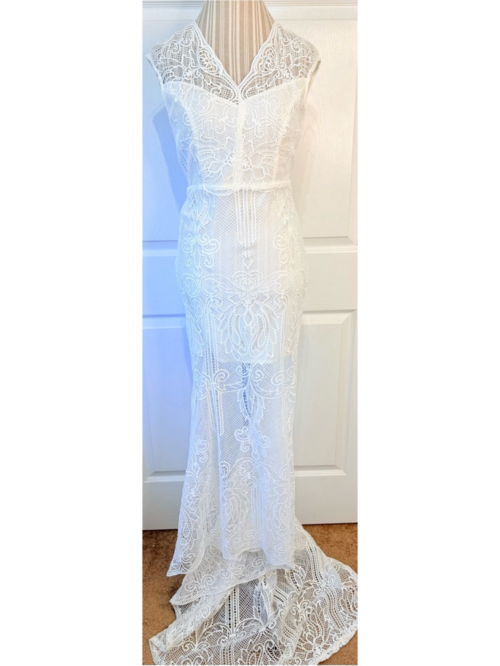 Gorgeous True White BOHO Beach Coastal Lace Cut Out Wedding Dress With Train~8